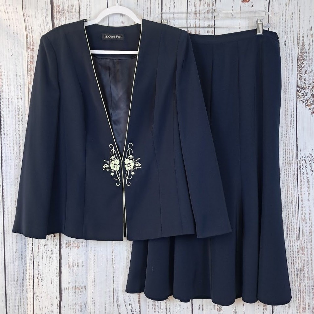 Vintage JACQUES VERT 12 Skirt Suit Set‎ Navy Blue Floral Embroidery Formal